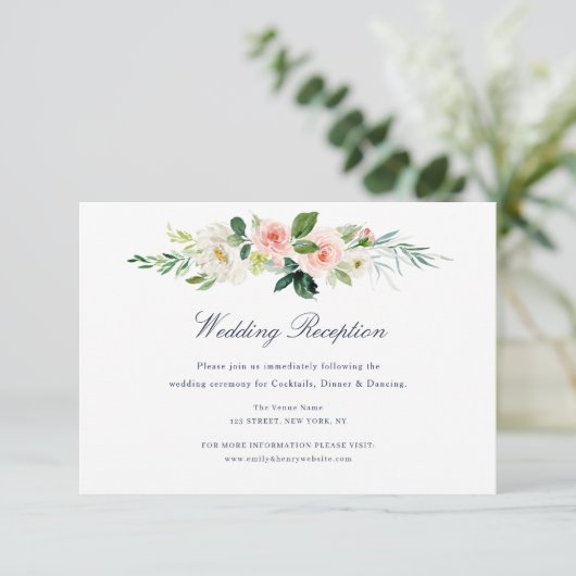Navy & Blush Bloemen Bruiloft Receptie Kaart (Staand voorkant)