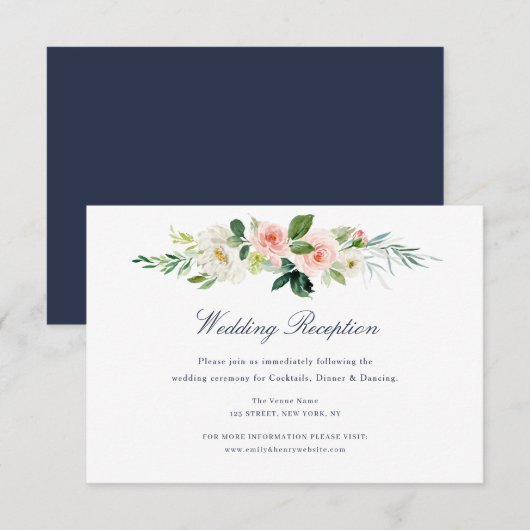 Navy & Blush Bloemen Bruiloft Receptie Kaart (Voorkant / Achterkant)