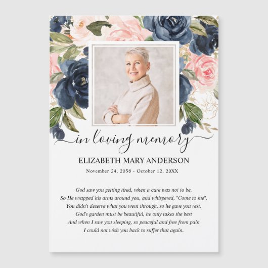 Navy Blush Bloemen Foto Begrafenisgebed Kaart (Voorkant)