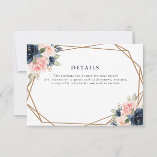Navy & Blush Bloemen Geometrische Bruiloft Details RSVP Kaartje