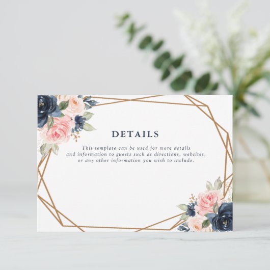 Navy & Blush Bloemen Geometrische Bruiloft Details RSVP Kaartje (Staand voorkant)