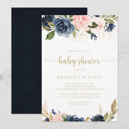 Navy Blush Bloemen Goud Baby shower Kaart (Voorkant / Achterkant)
