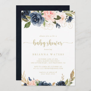Navy Blush Bloemen Goud Baby shower Kaart