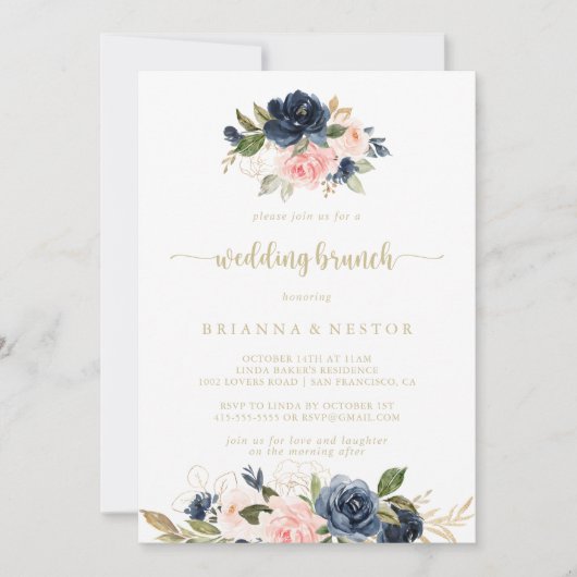 Navy Blush Bloemen Goud Bruiloft Brunch Kaart (Voorkant)