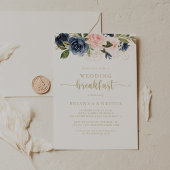 Navy Blush Bloemen Goud Bruiloft Ontbijt Kaart