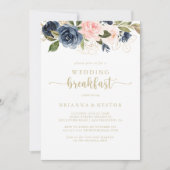 Navy Blush Bloemen Goud Bruiloft Ontbijt Kaart (Voorkant)