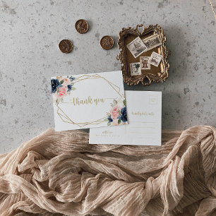 Navy Blush Bloemen Goud Geometrisch Dank u Briefkaart