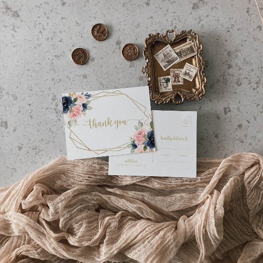 Navy Blush Bloemen Goud Geometrisch Dank u Briefkaart