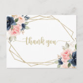 Navy Blush Bloemen Goud Geometrisch Dank u Briefkaart (Voorkant)