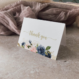 Navy Blush Bloemen Goud Gevouwen Bruiloft Bedankkaart