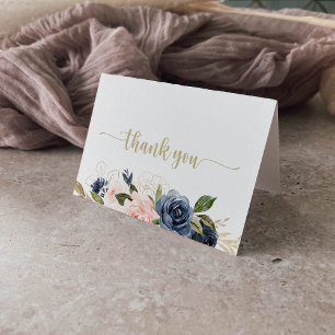 Navy Blush Bloemen Goud Gevouwen Bruiloft Bedankkaart