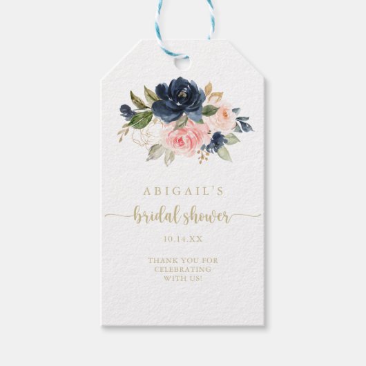 Navy Blush Bloemen Goud Vrijgezellenfeest Cadeaulabel (Voorkant)