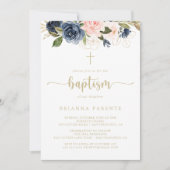 Navy Blush Bloemen Gouden Doop Kaart (Voorkant)