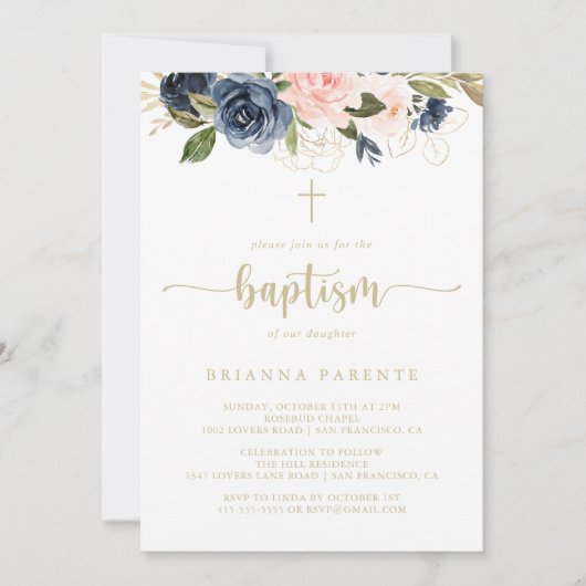 Navy Blush Bloemen Gouden Doop Kaart (Voorkant)