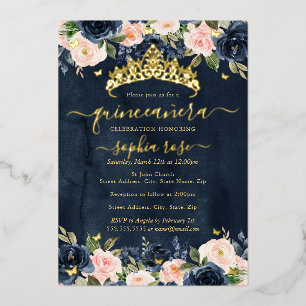 Navy Blush Bloemen Gouden Vlinder Quinceanera Folie Uitnodiging