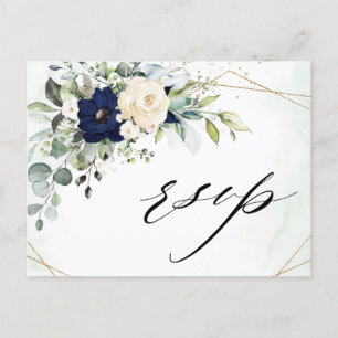 Navy Blush Bloemen Groen Geometrische Bruiloft RSV Briefkaart
