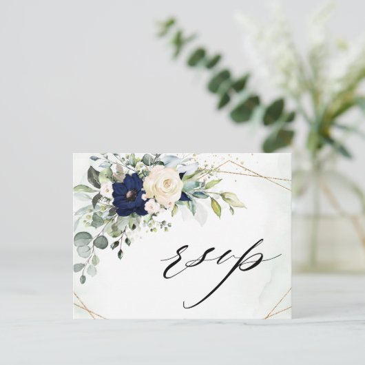 Navy Blush Bloemen Groen Geometrische Bruiloft RSV Briefkaart (Staand voorkant)