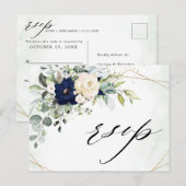 Navy Blush Bloemen Groen Geometrische Bruiloft RSV Briefkaart (Voorkant / Achterkant)