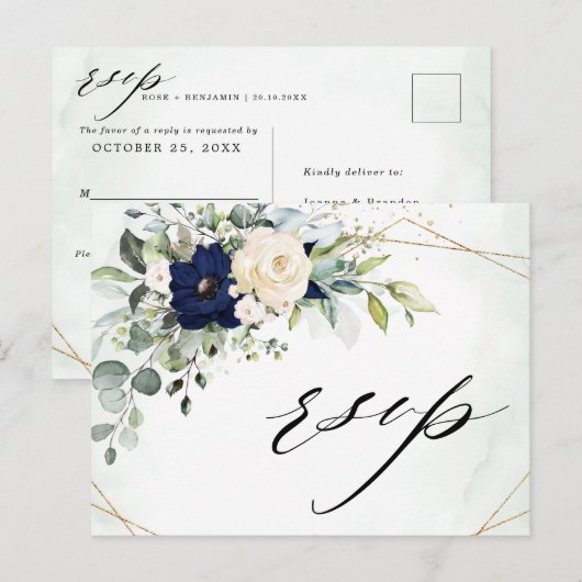 Navy Blush Bloemen Groen Geometrische Bruiloft RSV Briefkaart (Voorkant / Achterkant)