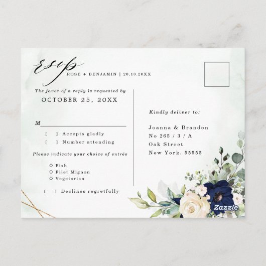 Navy Blush Bloemen Groen Geometrische Bruiloft RSV Briefkaart (Achterkant)