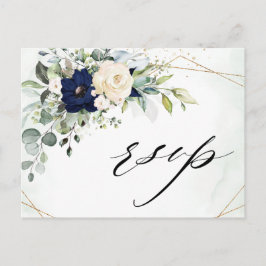 Navy Blush Bloemen Groen Geometrische Bruiloft RSV Briefkaart
