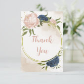 Navy Blush Bloemen Groene bladeren Bruiloft Bedankkaart (Staand voorkant)