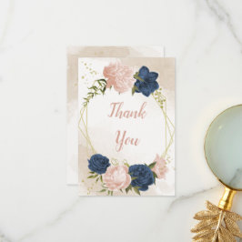 Navy Blush Bloemen Groene bladeren Bruiloft Bedankkaart