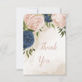 Navy Blush Bloemen Groene bladeren Bruiloft Bedankkaart (Voorkant)