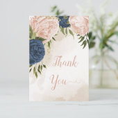 Navy Blush Bloemen Groene bladeren Bruiloft Bedankkaart (Staand voorkant)