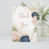 Navy Blush Bloemen Groene bladeren Bruiloft Bedankkaart (Staand voorkant)