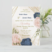 Navy Blush Bloemen Groene bladeren Bruiloft Kaart (Staand voorkant)