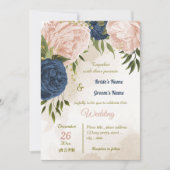 Navy Blush Bloemen Groene bladeren Bruiloft Kaart (Voorkant)