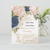 Navy Blush Bloemen Groene bladeren Bruiloft Kaart (Staand voorkant)