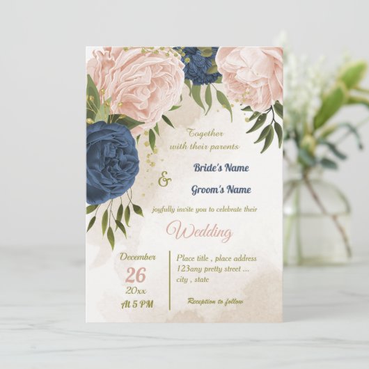 Navy Blush Bloemen Groene bladeren Bruiloft Kaart (Staand voorkant)