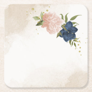 Navy Blush Bloemen Groene bladeren Bruiloft Kartonnen Onderzetters