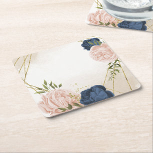 Navy Blush Bloemen Groene bladeren Bruiloft Kartonnen Onderzetters