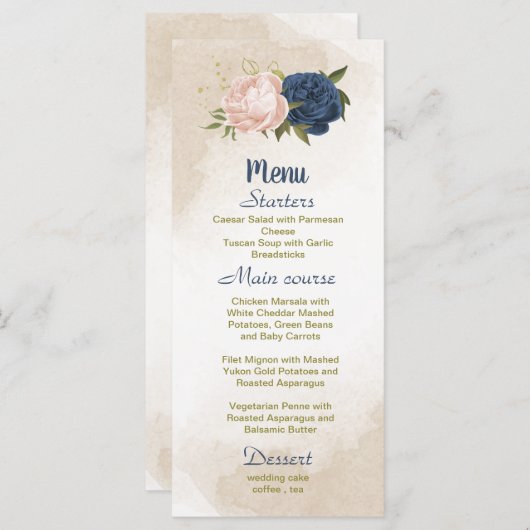Navy Blush Bloemen Groene bladeren Bruiloft Menu (Voorkant / Achterkant)