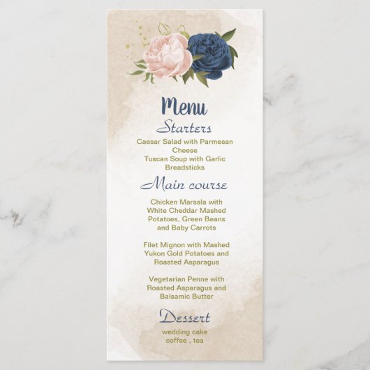 Navy Blush Bloemen Groene bladeren Bruiloft Menu (Voorkant)