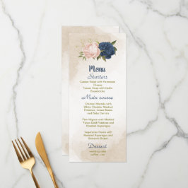 Navy Blush Bloemen Groene bladeren Bruiloft Menu