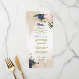Navy Blush Bloemen Groene bladeren Bruiloft Menu