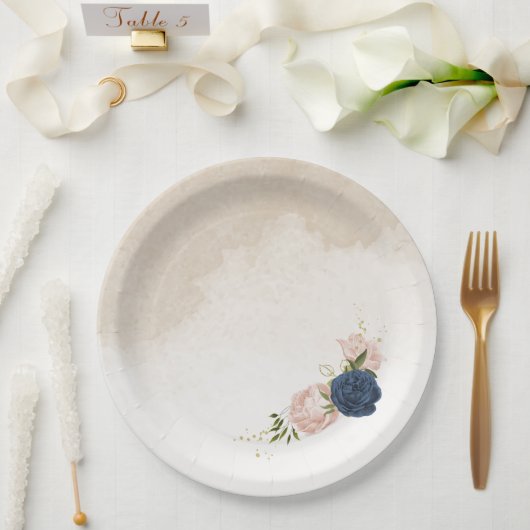 Navy Blush Bloemen Groene bladeren Bruiloft Papieren Bordje (Huwelijk)