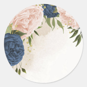 Navy Blush Bloemen Groene bladeren Bruiloft Ronde Sticker
