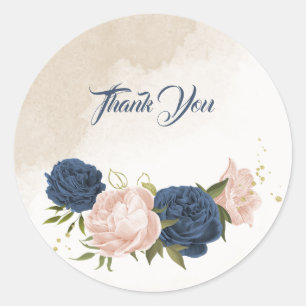 Navy Blush Bloemen Groene bladeren Bruiloft Ronde Sticker