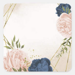 Navy Blush Bloemen Groene bladeren Bruiloft Vierkante Sticker