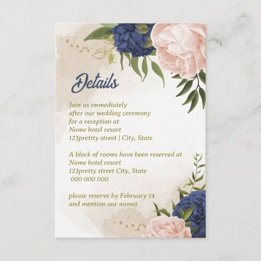 Navy Blush Bloemen Groene bladeren Informatiekaartje (Voorkant)