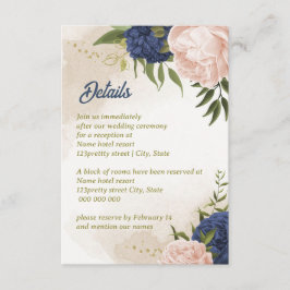 Navy Blush Bloemen Groene bladeren Informatiekaartje