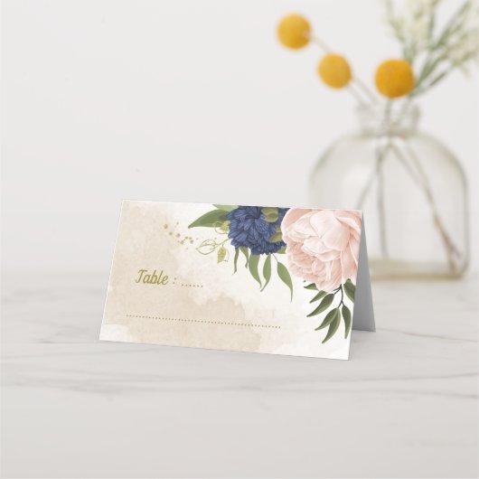 Navy Blush Bloemen Groene bladeren Plaatskaartje (Voorkant)