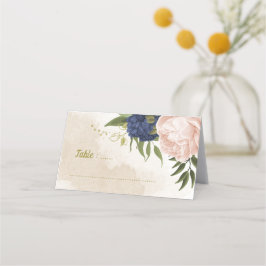 Navy Blush Bloemen Groene bladeren Plaatskaartje