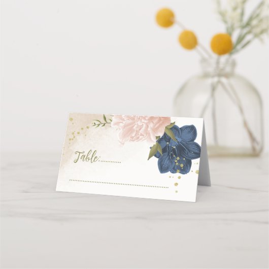 Navy Blush Bloemen Groene bladeren Plaatskaartje (Voorkant)