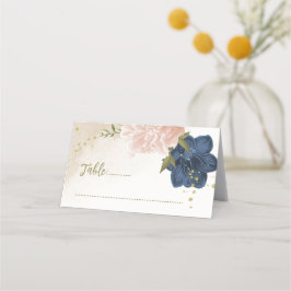 Navy Blush Bloemen Groene bladeren Plaatskaartje